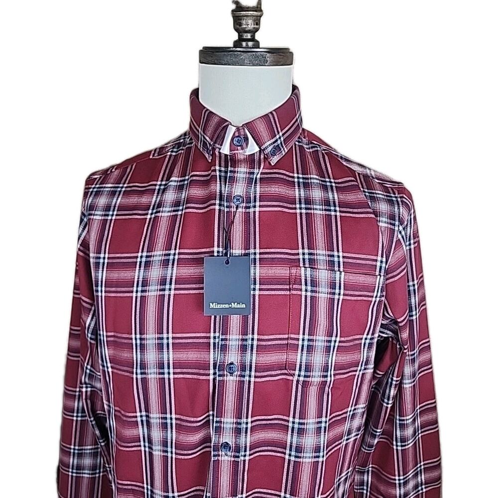 NEW Mizzen + Main City Flannel Twill Shirt Men’s SMALL TRIM Garnet Thomas Plaid